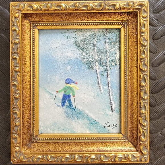 Winter Ski Scene Enamel on Copper Artwork By Jean Lucey, Framed & Signed, 7"x6" - Picture 1 of 16
